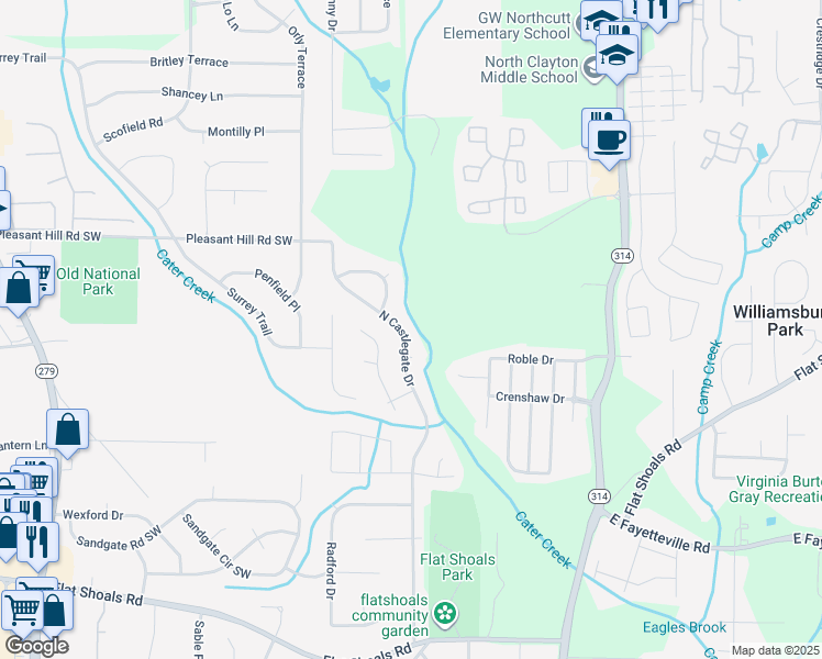 map of restaurants, bars, coffee shops, grocery stores, and more near 5822 North Castlegate Drive in Atlanta