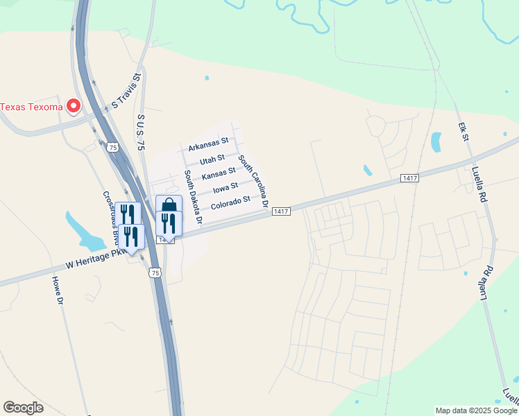 map of restaurants, bars, coffee shops, grocery stores, and more near 509 Arizona Street in Sherman