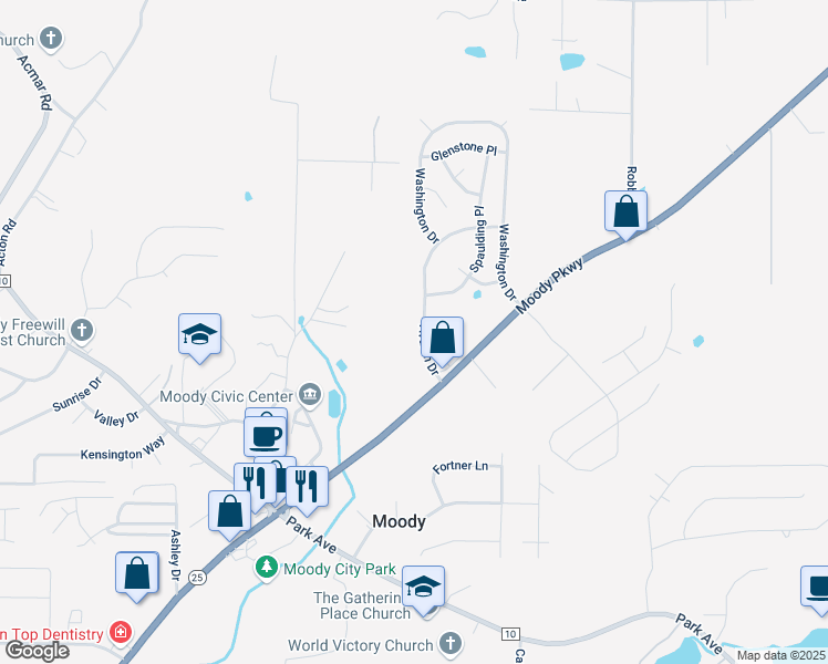 map of restaurants, bars, coffee shops, grocery stores, and more near 1045 Avalon Drive in Moody