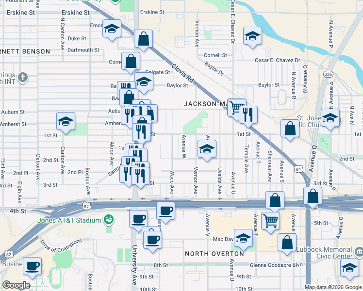 map of restaurants, bars, coffee shops, grocery stores, and more near 112 Avenue West in Lubbock
