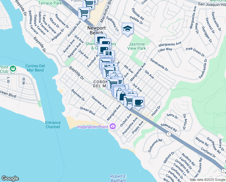 map of restaurants, bars, coffee shops, grocery stores, and more near 3141e East Coast Highway in Newport Beach