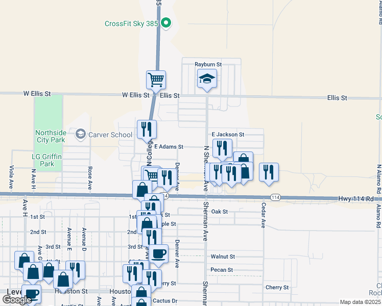 map of restaurants, bars, coffee shops, grocery stores, and more near 308 North Sherman Avenue in Levelland