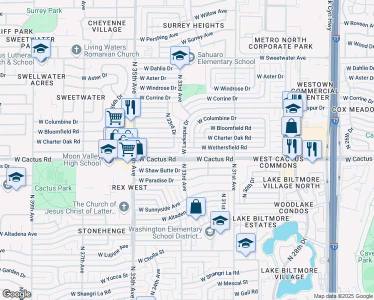 map of restaurants, bars, coffee shops, grocery stores, and more near 3249 West Wethersfield Road in Phoenix