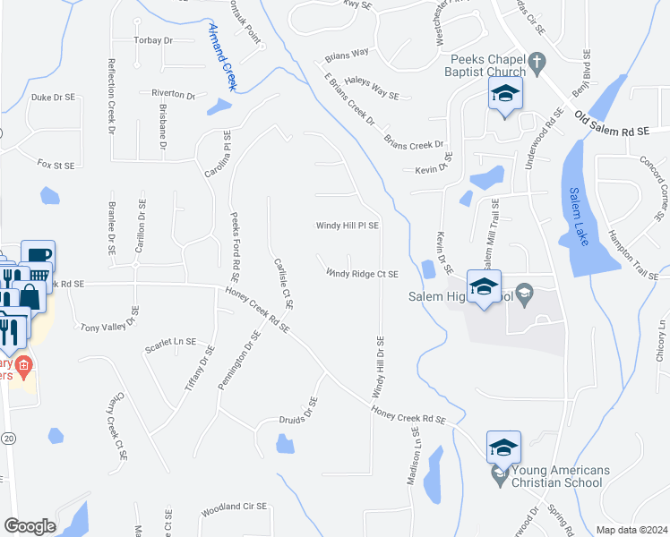 map of restaurants, bars, coffee shops, grocery stores, and more near 1406 Windy Ridge Court Southeast in Conyers