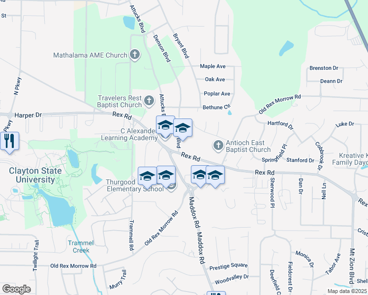 map of restaurants, bars, coffee shops, grocery stores, and more near 2230 Rex Road in Morrow