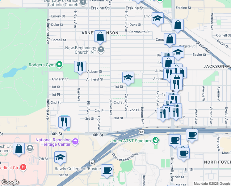 map of restaurants, bars, coffee shops, grocery stores, and more near 2818 1st Place in Lubbock