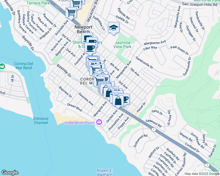 map of restaurants, bars, coffee shops, grocery stores, and more near Marguerite Avenue in Newport Beach