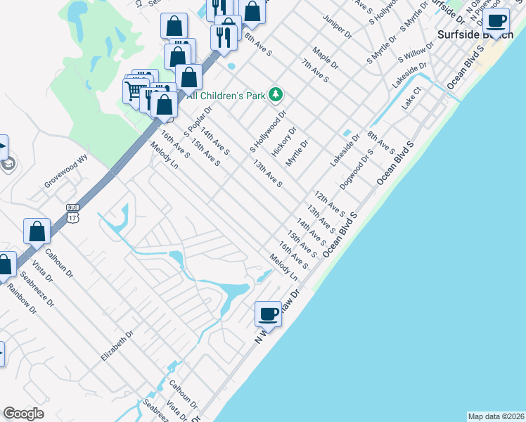 map of restaurants, bars, coffee shops, grocery stores, and more near 314 15th Avenue South in Surfside Beach
