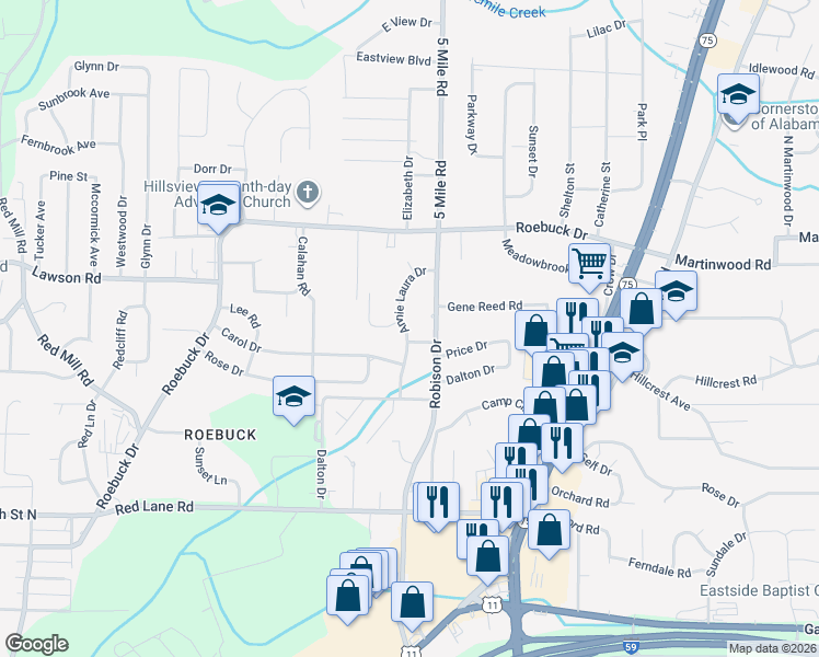 map of restaurants, bars, coffee shops, grocery stores, and more near 605 Annie Laura Drive in Birmingham