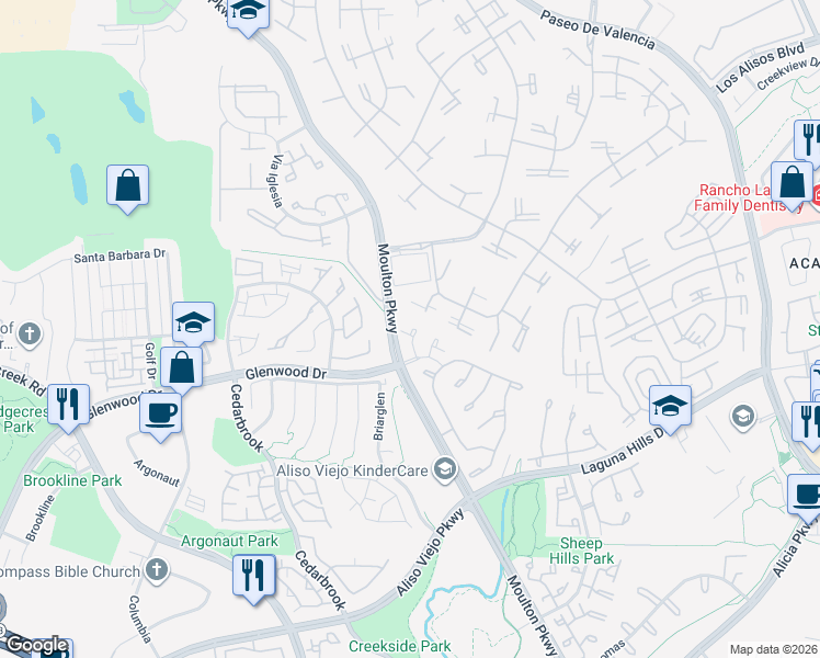 map of restaurants, bars, coffee shops, grocery stores, and more near 1 Dry Creek Lane in Laguna Hills