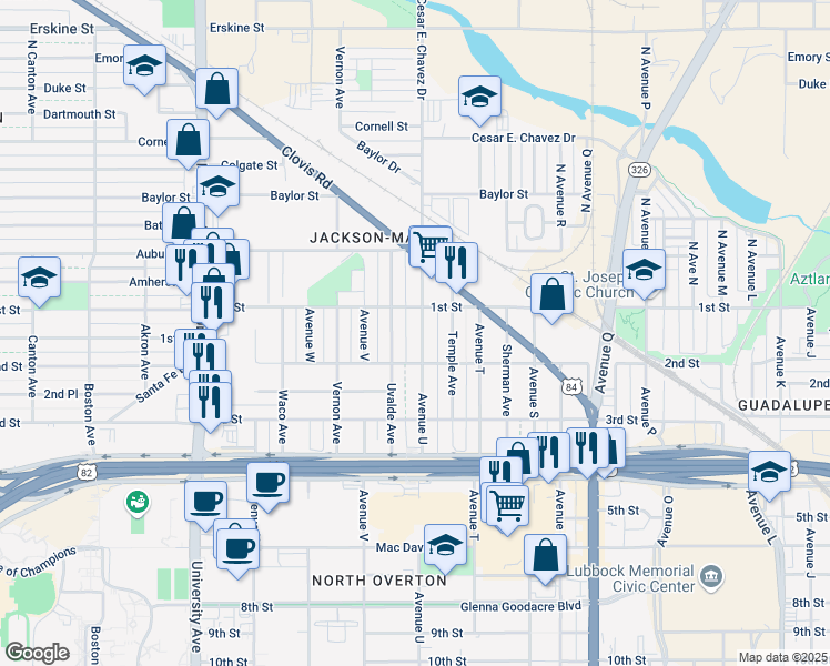 map of restaurants, bars, coffee shops, grocery stores, and more near 112 Avenue U in Lubbock