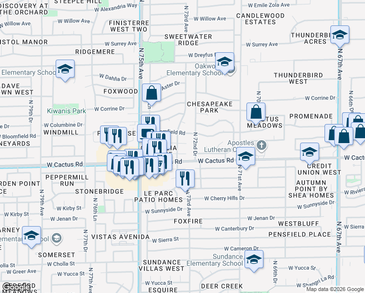 map of restaurants, bars, coffee shops, grocery stores, and more near 7273 West Charter Oak Road in Peoria