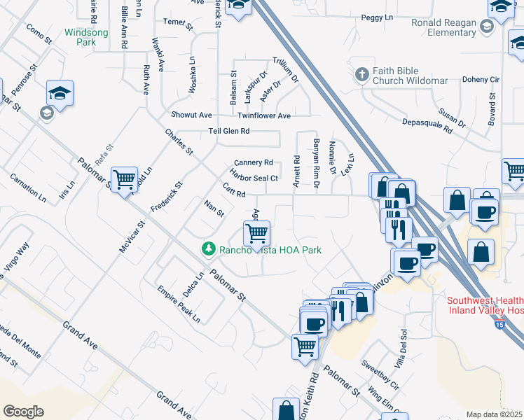 map of restaurants, bars, coffee shops, grocery stores, and more near 23160 Rustic Oak Drive in Wildomar