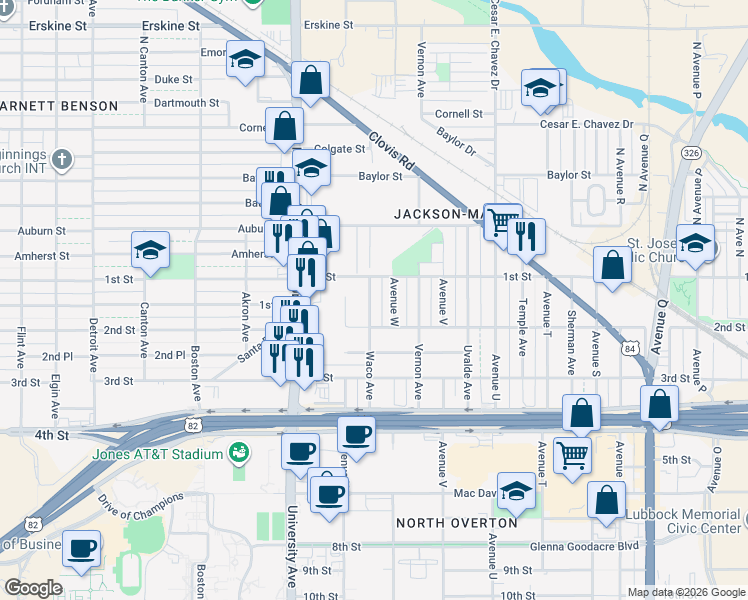 map of restaurants, bars, coffee shops, grocery stores, and more near 112 Avenue W in Lubbock