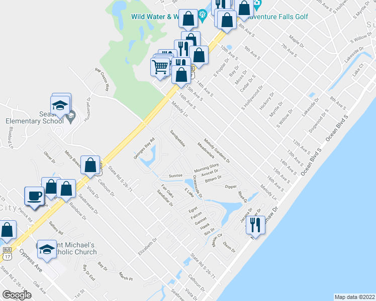 map of restaurants, bars, coffee shops, grocery stores, and more near 458 Sandpebble in Myrtle Beach