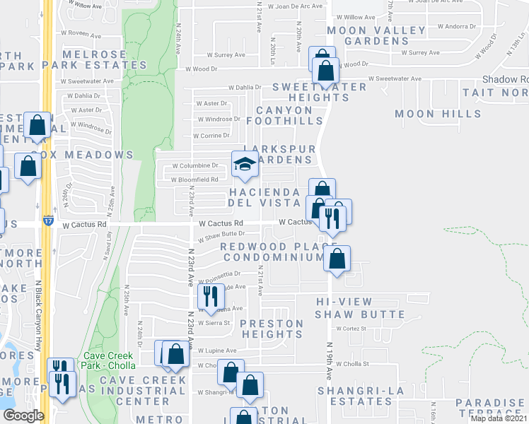 map of restaurants, bars, coffee shops, grocery stores, and more near 12217 North 21st Avenue in Phoenix
