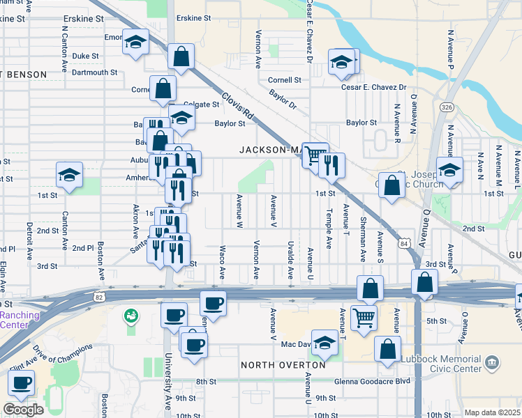 map of restaurants, bars, coffee shops, grocery stores, and more near 111 Vernon Avenue in Lubbock