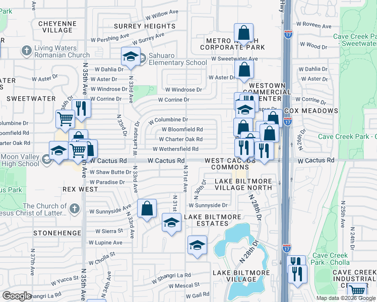 map of restaurants, bars, coffee shops, grocery stores, and more near 3059 West Wethersfield Road in Phoenix