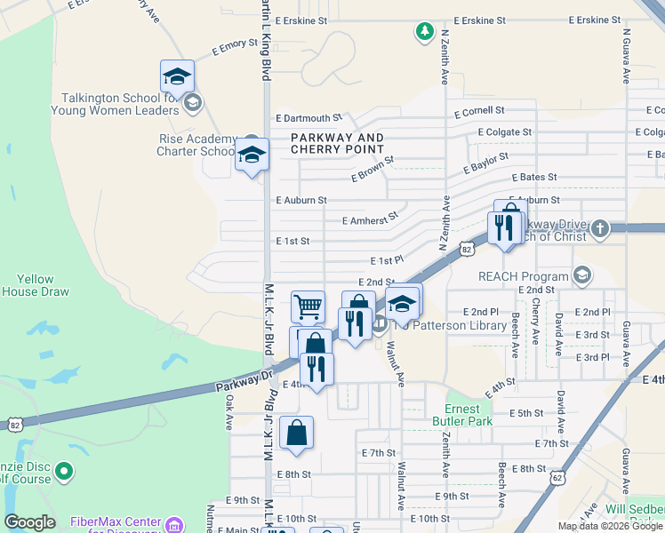 map of restaurants, bars, coffee shops, grocery stores, and more near 1802 East 1st Place in Lubbock