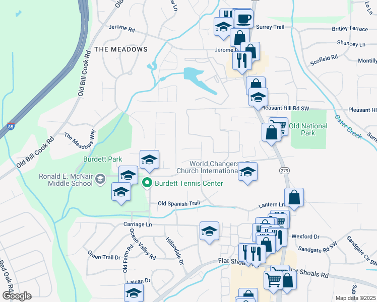 map of restaurants, bars, coffee shops, grocery stores, and more near 2570 Picardy Circle North in College Park