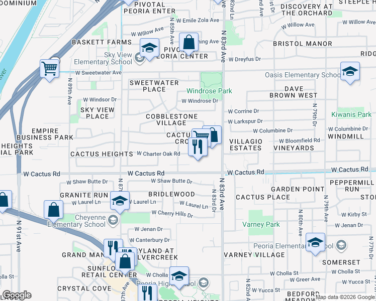 map of restaurants, bars, coffee shops, grocery stores, and more near 8432 West Charter Oak Road in Peoria