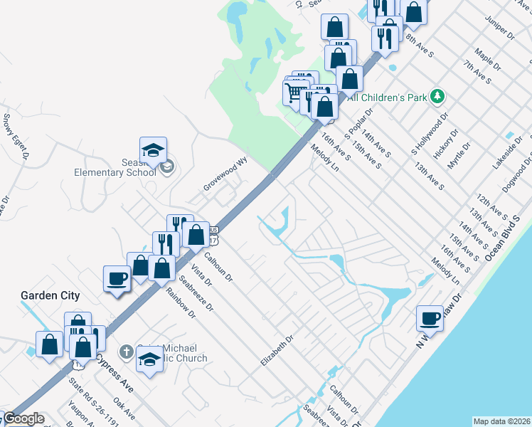 map of restaurants, bars, coffee shops, grocery stores, and more near 142 Georges Bay Road in Murrells Inlet