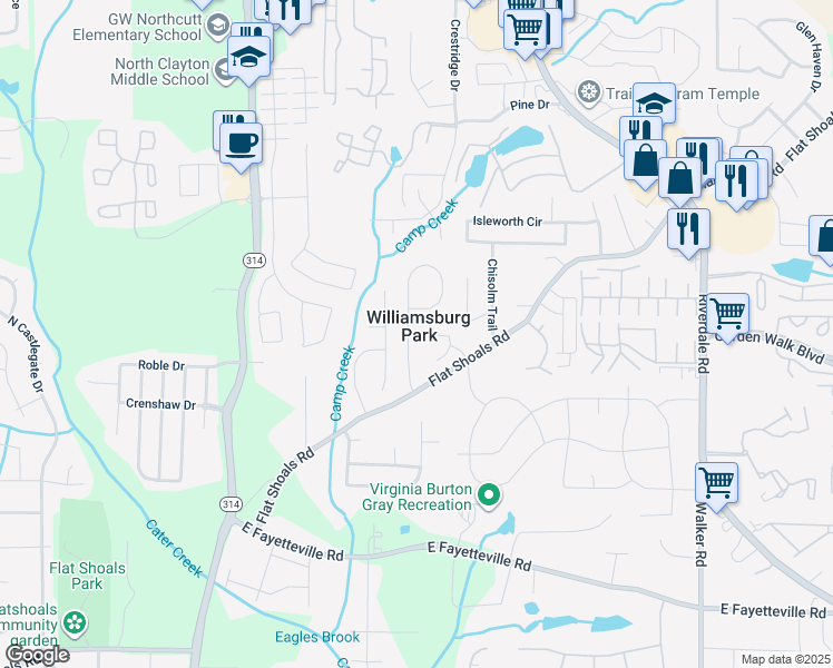 map of restaurants, bars, coffee shops, grocery stores, and more near 5796 Williamsburg Trce in Atlanta