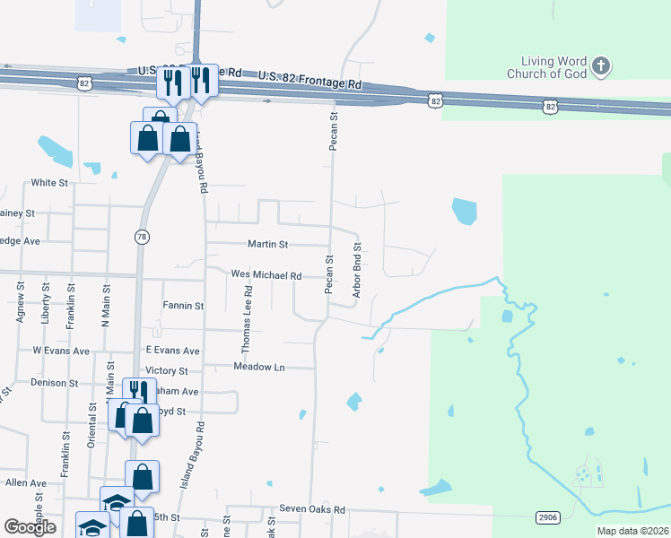 map of restaurants, bars, coffee shops, grocery stores, and more near 2106 Pecan Street in Bonham
