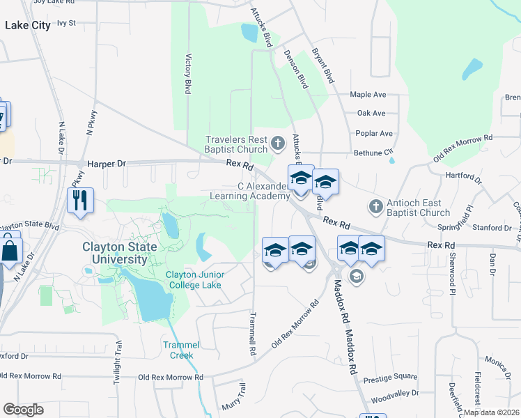 map of restaurants, bars, coffee shops, grocery stores, and more near 5788 Trammell Road in Morrow