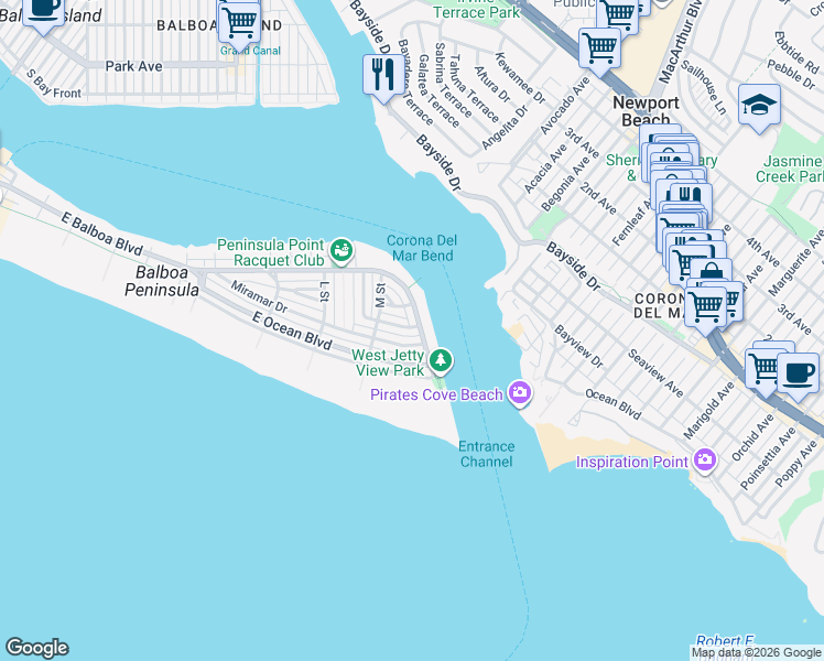 map of restaurants, bars, coffee shops, grocery stores, and more near 2141 Seville Avenue in Newport Beach