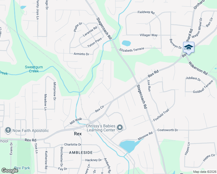 map of restaurants, bars, coffee shops, grocery stores, and more near 5760 Rex Mill Terrace in Rex