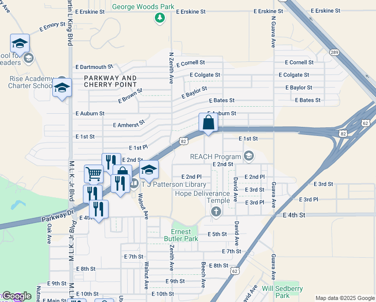 map of restaurants, bars, coffee shops, grocery stores, and more near 2630 Parkway Drive in Lubbock