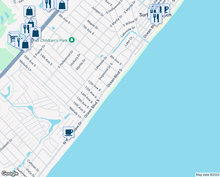 map of restaurants, bars, coffee shops, grocery stores, and more near 1111A Ocean Boulevard South in Surfside Beach