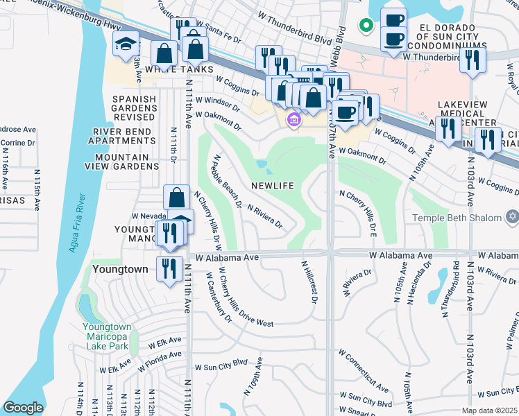 map of restaurants, bars, coffee shops, grocery stores, and more near 12420 North Riviera Drive in Sun City