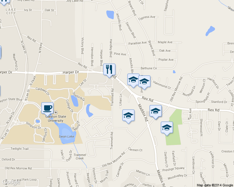 map of restaurants, bars, coffee shops, grocery stores, and more near 5788 Trammell Road in Morrow