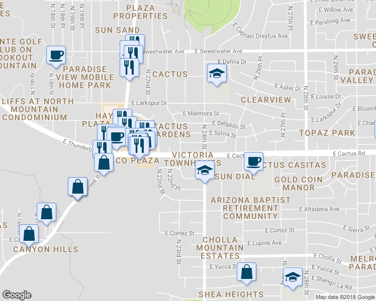 map of restaurants, bars, coffee shops, grocery stores, and more near 2314 East Cactus Road in Phoenix