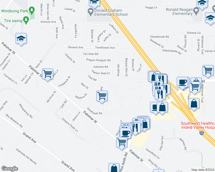 map of restaurants, bars, coffee shops, grocery stores, and more near 23160 Rustic Oak Drive in Wildomar