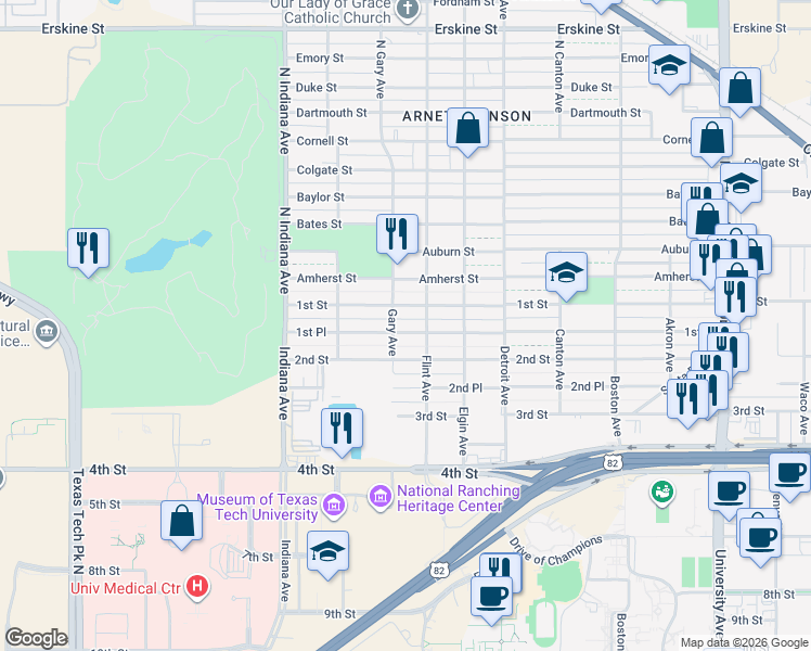 map of restaurants, bars, coffee shops, grocery stores, and more near 3110 1st Place in Lubbock