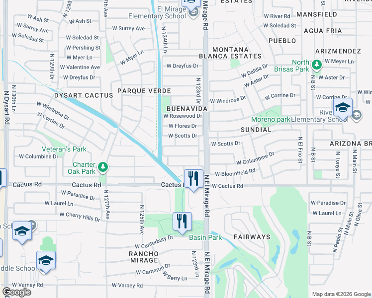 map of restaurants, bars, coffee shops, grocery stores, and more near 12317 West Larkspur Road in El Mirage