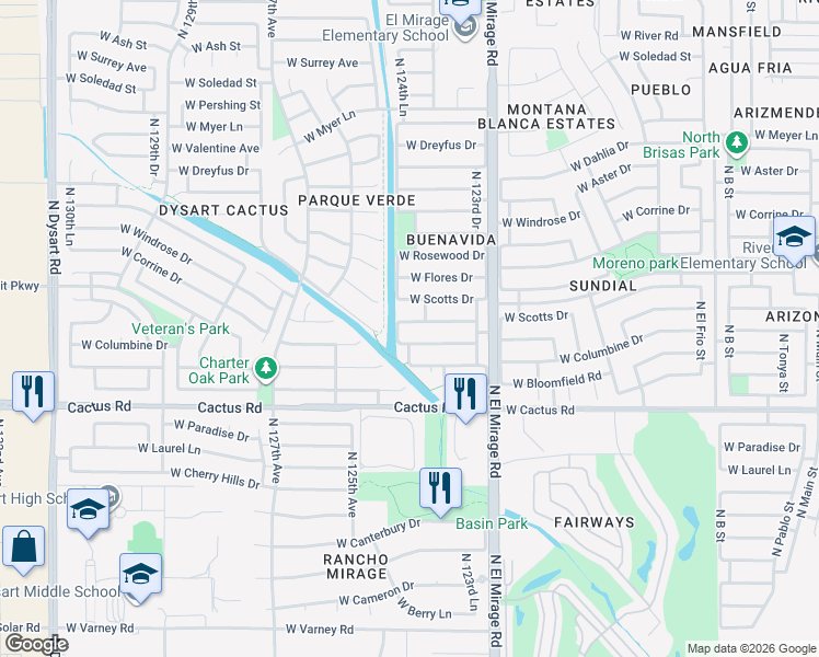 map of restaurants, bars, coffee shops, grocery stores, and more near 12417 West Larkspur Road in El Mirage