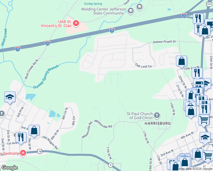map of restaurants, bars, coffee shops, grocery stores, and more near 43 Poplar Drive in Pell City