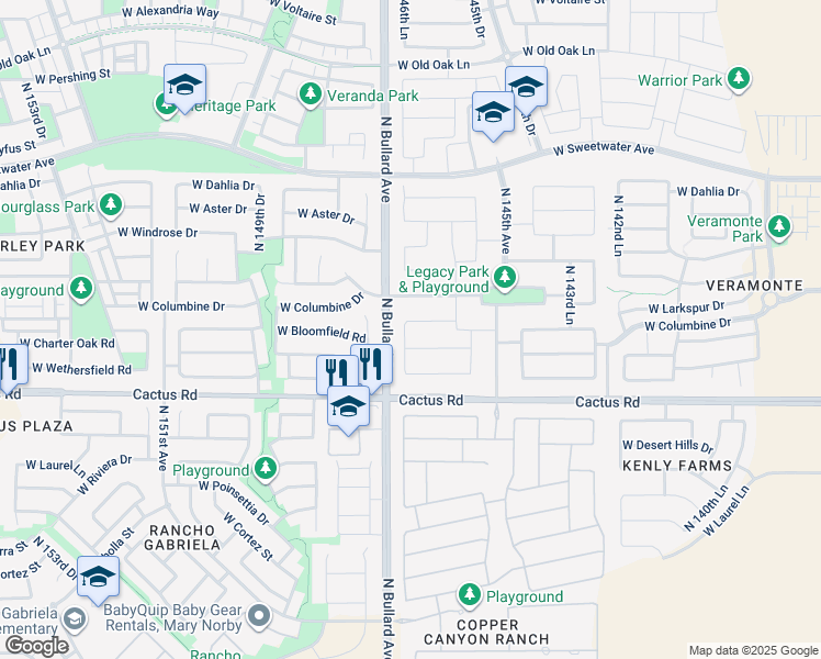 map of restaurants, bars, coffee shops, grocery stores, and more near 14663 West Columbine Drive in Surprise