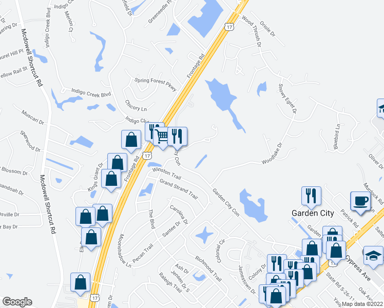 map of restaurants, bars, coffee shops, grocery stores, and more near 209 Indian Wells Court in Murrells Inlet
