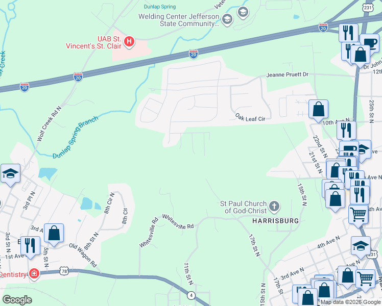 map of restaurants, bars, coffee shops, grocery stores, and more near 43 Poplar Drive in Pell City