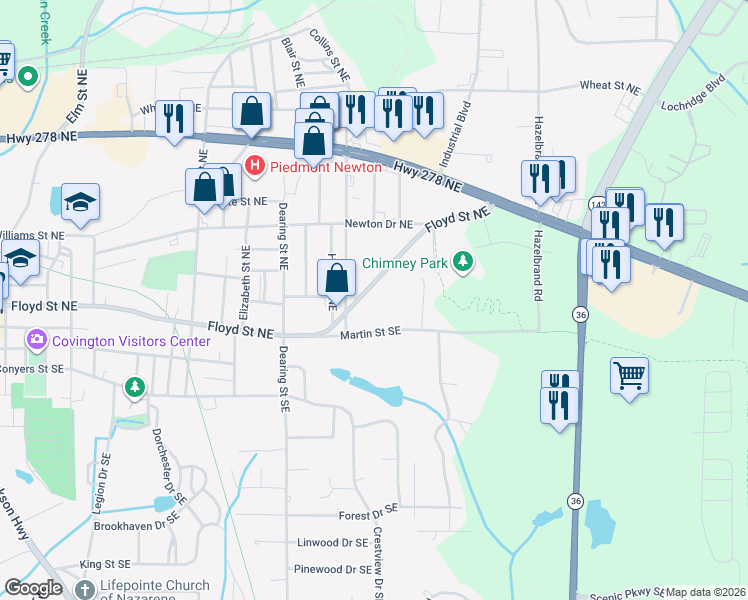 map of restaurants, bars, coffee shops, grocery stores, and more near 5222 Floyd Street Northeast in Covington