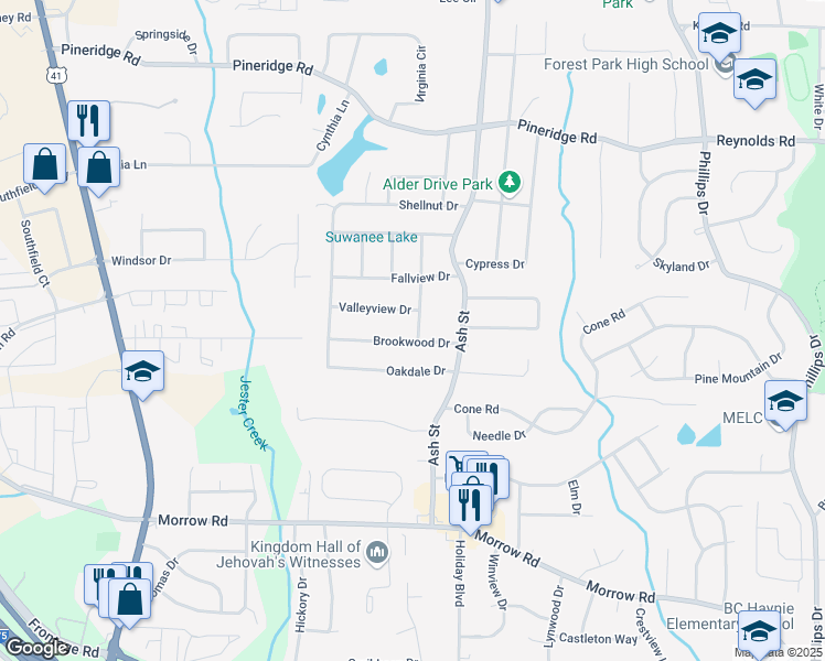 map of restaurants, bars, coffee shops, grocery stores, and more near 5759 Jefferson Avenue in Forest Park