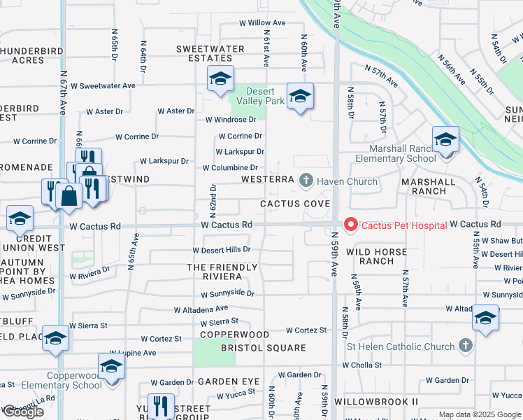 map of restaurants, bars, coffee shops, grocery stores, and more near 6114 West Wethersfield Road in Glendale