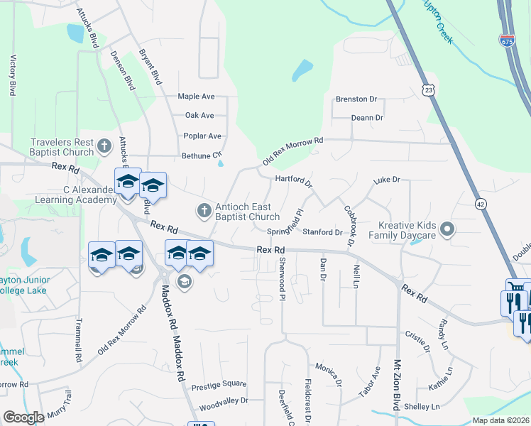 map of restaurants, bars, coffee shops, grocery stores, and more near 5789 Northfield Drive in Ellenwood