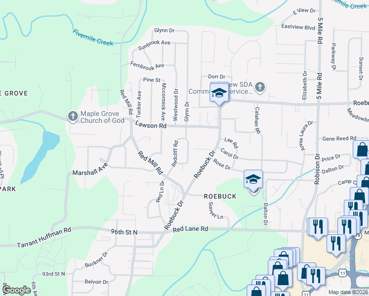 map of restaurants, bars, coffee shops, grocery stores, and more near 9836 Greenlee Road in Birmingham