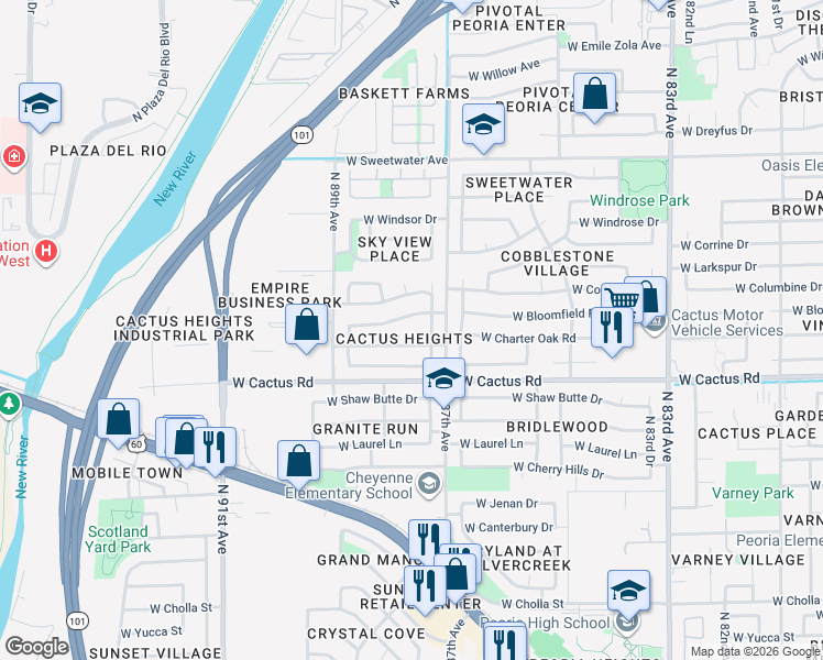 map of restaurants, bars, coffee shops, grocery stores, and more near 8744 W Charter Oak Rd in Peoria